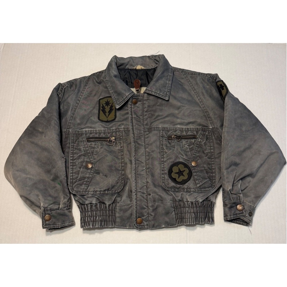VTG Urban Equipment Kids Gray Nylon Bomber Flight Jacket Distressed Patches